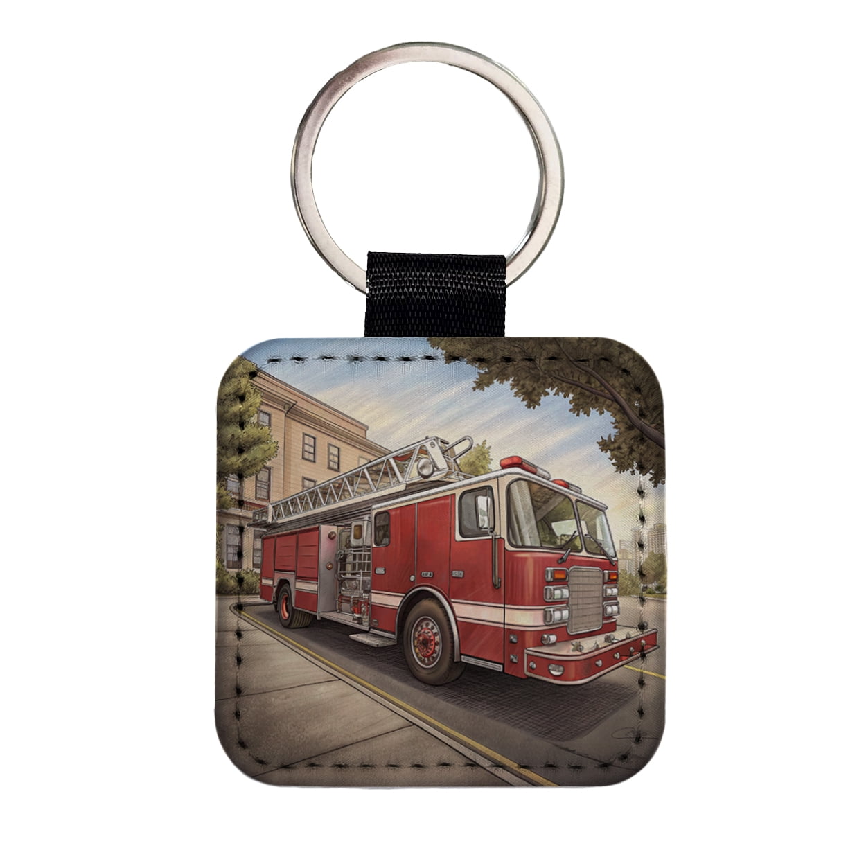 Ladder Key Chain Fire Engine Firefighter Ladder Truck Faux Leather Square Keychain ...
