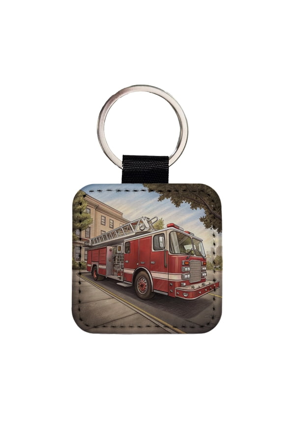 Fire Engine Firefighter Ladder Truck Faux Leather Square Keychain