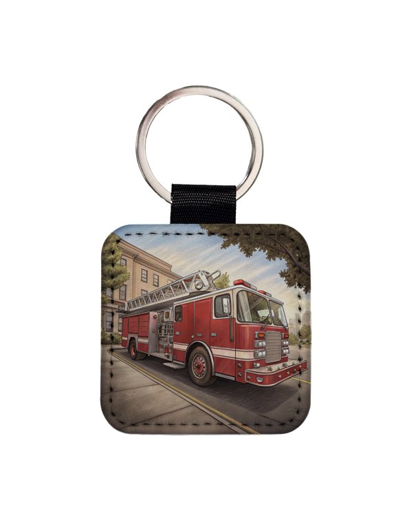 Fire Engine Firefighter Ladder Truck Faux Leather Square Keychain