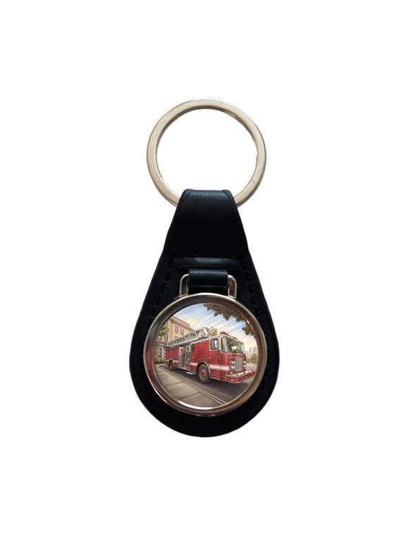 Fire Engine Firefighter Ladder Truck Metal Black Leather Keychain