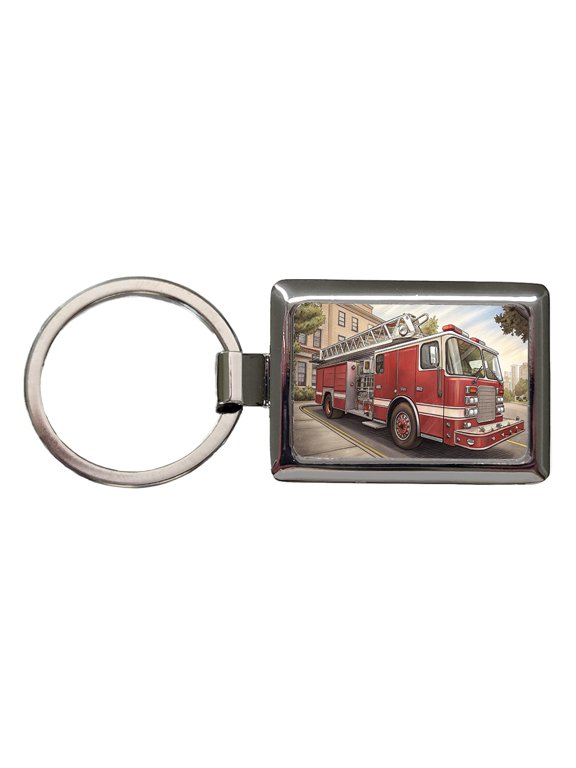 Fire Engine Firefighter Ladder Truck Metal Rectangle Keychain