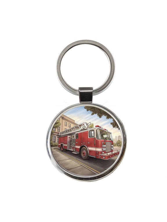 Fire Engine Firefighter Ladder Truck Metal Round Keychain