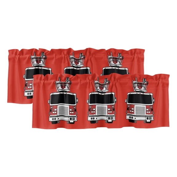 Fire Engine Truck 2 Panels Kitchen Valance, Cartoon Fireman Firefighters Fire Ladder Red Curtains Valances for Small Windows Rod Pocket Window Treatments for Living Room Bedroom 42" W x 12" L