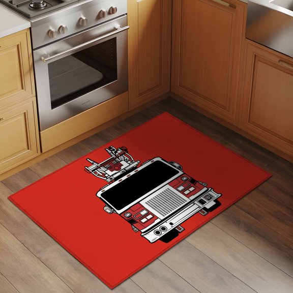 Fire Engine Truck 2x3 Rug for Entryway Front Door Kitchen Sink Area, Cartoon Fireman Firefighters Fire Ladder Red Low Pile Washable Non Slip Rectangle Area Rug