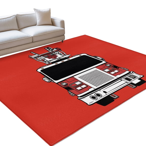 Fire Engine Truck 6x9ft Non Slip Area Rug Cartoon Fireman Firefighters Fire Ladder Red Washable Soft Area Rugs for Living Room, Indoor Circle Carpet for Bedroom Dining Room Kitchen