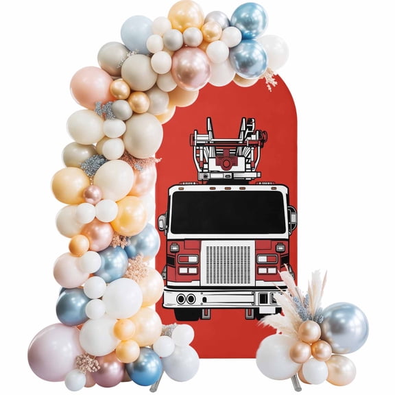 Fire Engine Truck Arch Backdrop Cover 5 FT Cartoon Fireman Firefighters Fire Ladder Red Stretchy Elastic Arch Stand Covers Spandex Arched Background Birthday Wedding Party Decoration (No Stand)