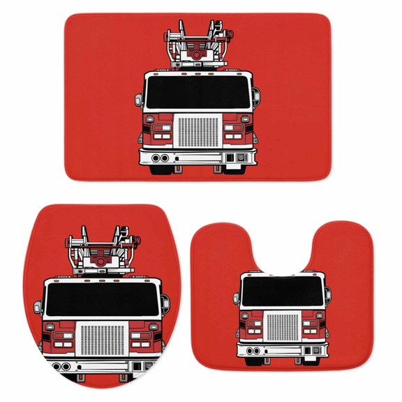 Fire Engine Truck Bathroom Rugs Set Cartoon Fireman Firefighters Fire Ladder Red Non Slip Absorbent Soft Bath Mats 3 Piece Set with Bathroom Rug, U-Shaped Floor Mat, Toilet Seat Cover Small Size