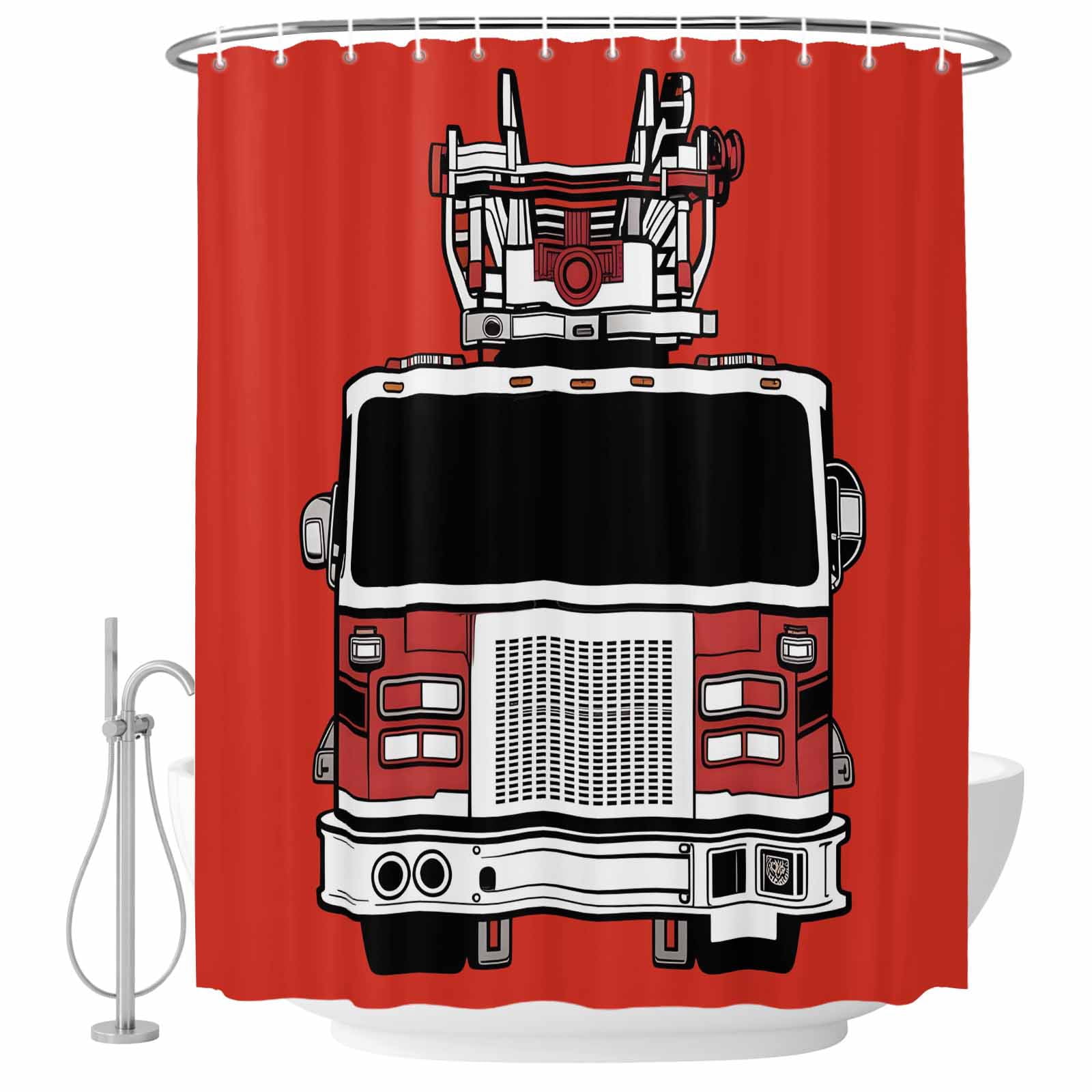 Labber Cartoon Fire Engine Truck Bathroom Shower Curtains with Hooks, Cartoon Fireman ...