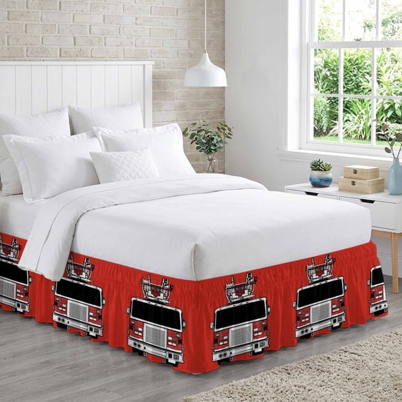 Fire Engine Truck Bed Skirt Queen Size 16 Inch Drop, Cartoon Fireman Firefighters Fire Ladder Red Adjustable Elastic Dust Ruffles Bedskirt for Queen Bed Wrap Around Pleated Mattress Frame Cover