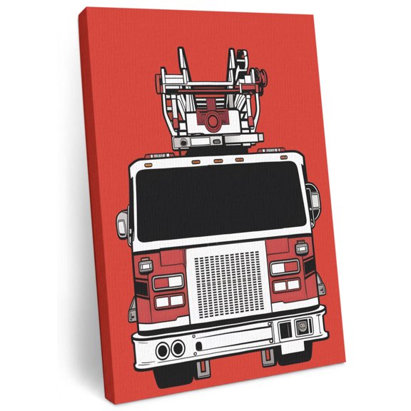 Fire Engine Truck Canvas Wall Art for Living Room, Cartoon Fireman Firefighters Fire Ladder Red Poster Print Painting for Master Bed Cottage Lounge Decoration Wall Pictures Prepare To Hang 22"x28"