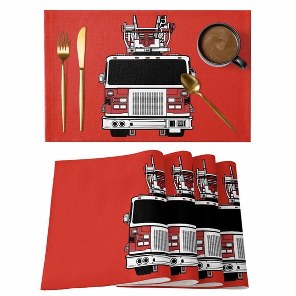 Fire Engine Truck Cotton Linen Placemats Set of 1, Cartoon Fireman Firefighters Fire Ladder Red Washable Table Place Mats Heat Insulating Placemat for Dining Room Kitchen Daily Use 13 x 19 Inch