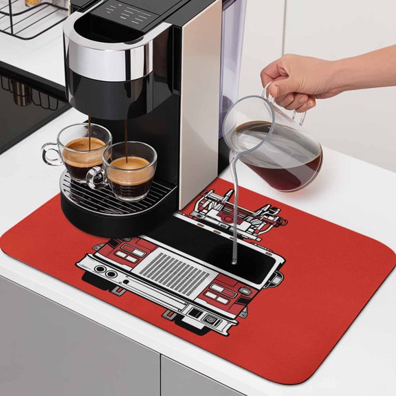 Fire Engine Truck Dish Drying Mats for Kitchen Counter, Cartoon Fireman Firefighters Fire Ladder Red Absorbent Coffee Bar Mat with Non-slip Rubber Backed Quick Drying Dish Rack Pad 12"x16"