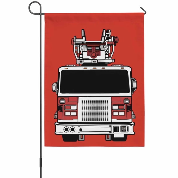 Fire Engine Truck Garden Flag 12 x 18 Inches, Cartoon Fireman Firefighters Fire Ladder Red Weather Proof Outdoor Patio Flags Double Sided Small Garden Decoration for Yard Outside Home