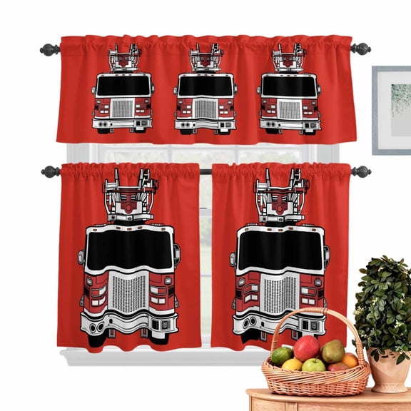 Fire Engine Truck Kitchen Curtains Valances 3 Piece Set, Cartoon Fireman Firefighters Fire Ladder Red Rod Pocket Tier Curtain and Valance Drapes for Small Window 36 Inch Length for Bedroom Cafe