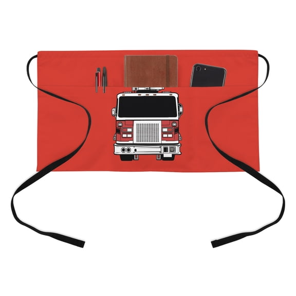 Fire Engine Truck Kitchen Restaurant Half Waist Apron, Cartoon Fireman Firefighters Fire Ladder Red Server Short Apron with 3 Pockets Waterproof Oil Waist Aprons for Women Waitress Waiter