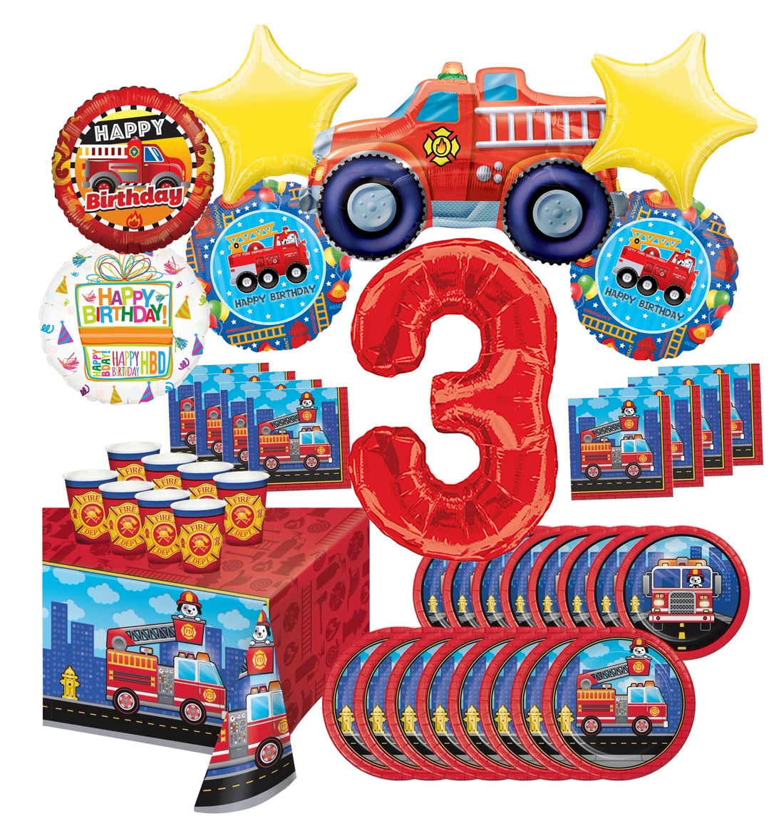 Fire Engine Truck Party Supplies 8 Guest Decoration Kit and Rescue 3rd Birthday Balloon Bouquet