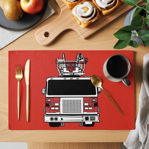 Fire Engine Truck Placemats Set of 1, Cartoon Fireman Firefighters Fire Ladder Red Heat Insulated Linen Place Mats, Washable Stain-Proof Table Mats for Dining Tables Holiday Decor 13x19 Inches