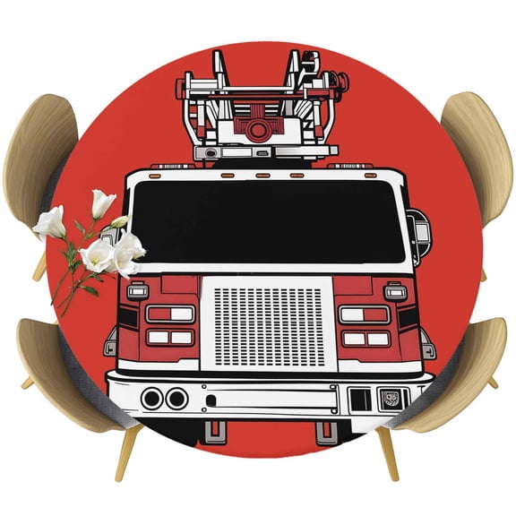 Fire Engine Truck Round Fitted Tablecloth with Elastic Edge, Cartoon Fireman Firefighters Fire Ladder Red Stretch Table Covers for 36"-44" Tables Wipeable Table Cloth for Outdoor