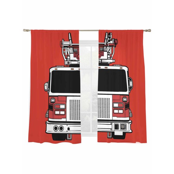 Fire Engine Truck Sheer Curtains 2 Panels Set Cartoon Fireman Firefighters Fire Ladder Red Sheer Window Curtains Light Filtering Rod Pocket Voile Drapes for Bedroom Living Room 52"x63"