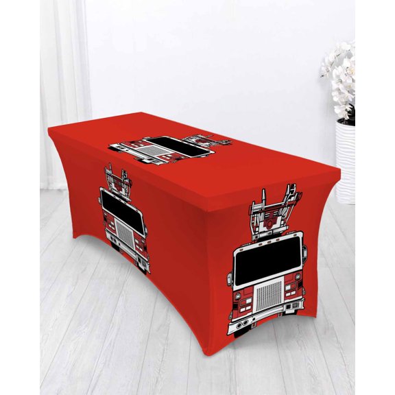 Fire Engine Truck Spandex Tablecloth 4ft Cartoon Fireman Firefighters Fire Ladder Red Elastic Fitted Cloth for Rectangle Table Wrinkle Proof Stretch Table Cover for Wedding Party Birthday Banquet