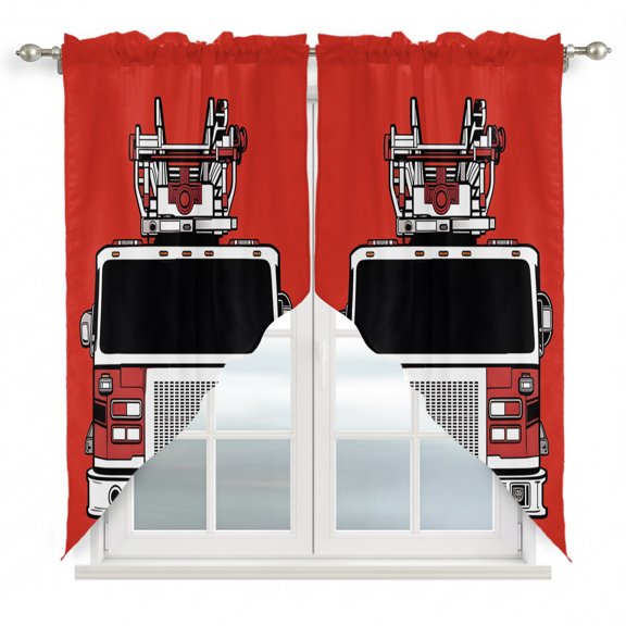 Fire Engine Truck Swag Curtain Valance for Window 2 Panels Cartoon Fireman Firefighters Fire Ladder Red Rod Pocket Small Window Swag Valances for Kitchen Bedroom Bathroom 28" W x 36" L