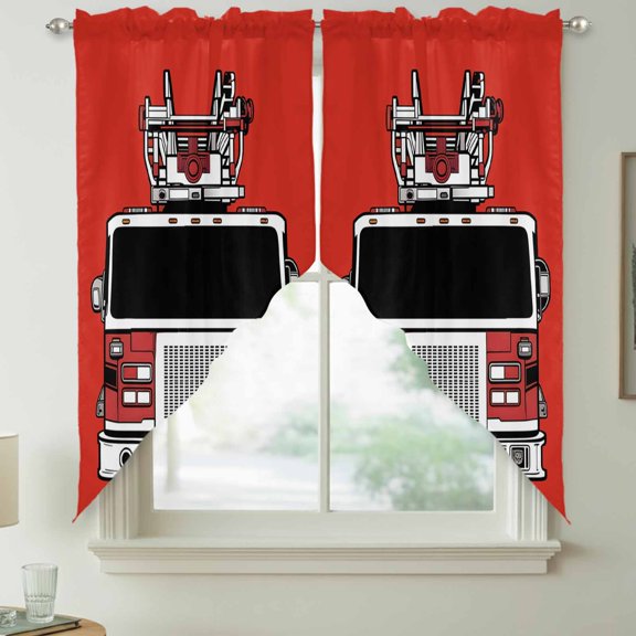 Fire Engine Truck Swag Kitchen Curtain Valances, Cartoon Fireman Firefighters Fire Ladder Red Rod Pocket Curtains Window Treatment Decor Valances for Bedroom Bathroom, 2 Panels 36 x 63 Inch