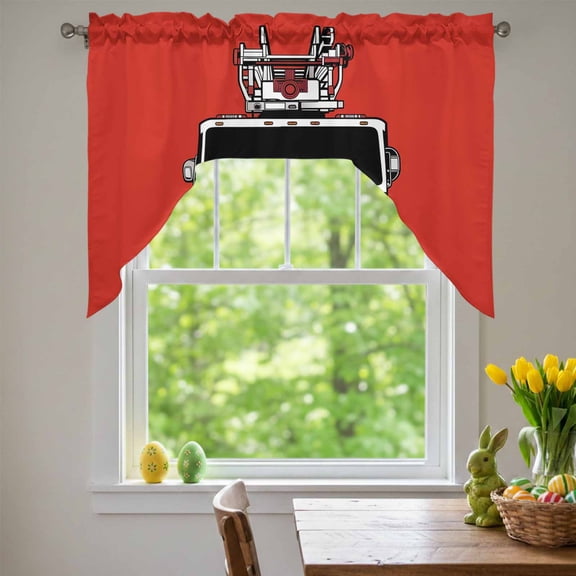 Fire Engine Truck Swag Valances for Kitchen Window, Cartoon Fireman Firefighters Fire Ladder Red Small Swag Valances Rod Pocket Curtain Drapes Window Treatment for Bedroom Bathroom, 56x36 Inch