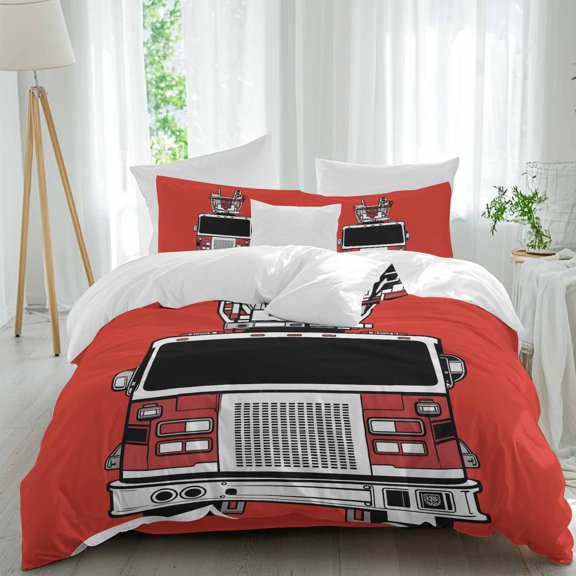 Fire Engine Truck Twin Size Comforter Set, Cartoon Fireman Firefighters Fire Ladder Red Bedding for All Seasons, 4 Pcs Bed Set, 1 Quiltcover (68"x86") ,1Sheet(67"x116"), 2Pillowcases (30"x20")