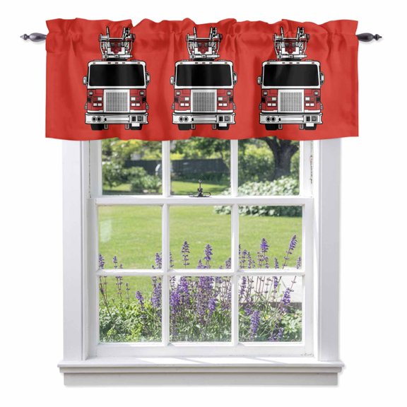 Fire Engine Truck Valance Curtain Cartoon Fireman Firefighters Fire Ladder Red Window Valances Rod Pocket Short Curtains Window Treatments for Kitchen Bedroom Bathroom Laundry 42" x 12"