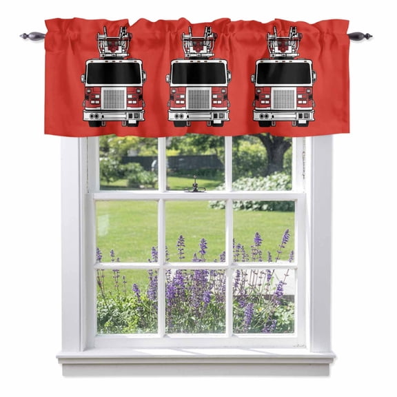 Fire Engine Truck Valance Curtain Cartoon Fireman Firefighters Fire Ladder Red Window Valances Rod Pocket Short Curtains Window Treatments for Kitchen Bedroom Bathroom Laundry 60" x 14"