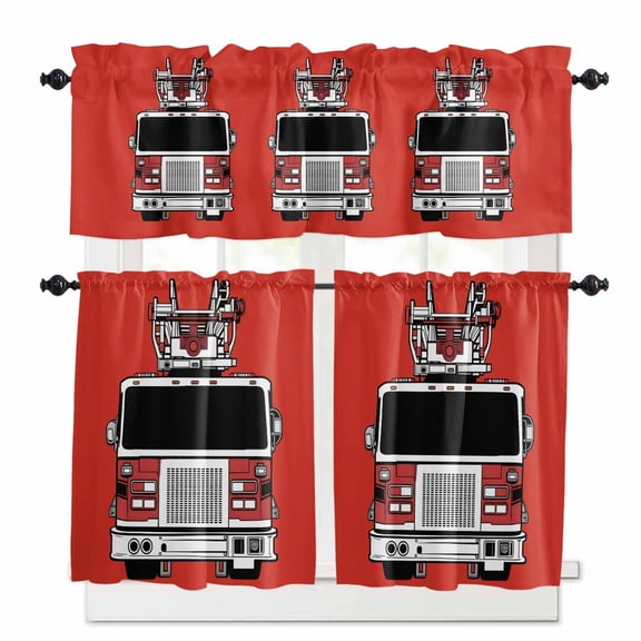 Fire Engine Truck Window Curtains Valance Set of 3 Cartoon Fireman Firefighters Fire Ladder Red Rod Pocket Small Kitchen Curtain, Soft Window Treatment for Bedroom Party Holiday Decor