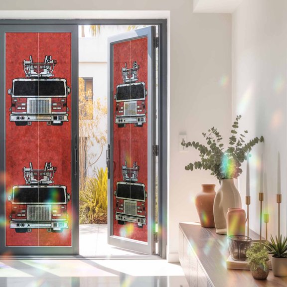 Fire Engine Truck Window Privacy Film Cartoon Fireman Firefighters Fire Ladder Red Static Cling Stained Glass Window Film Non-Adhesive Decorative Decals Rainbow Sticker 17.7"X78.7"