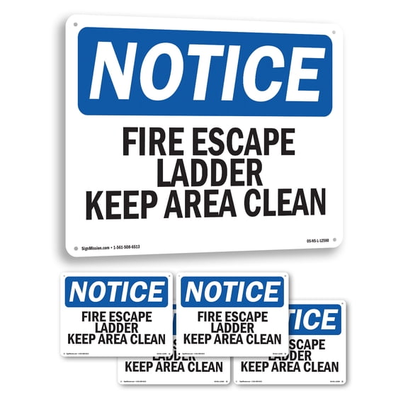 Fire Escape Ladder Keep Area Clear OSHA Notice Rigid Plastic Sign 10 Inch x 7 Inch - 5 Pack