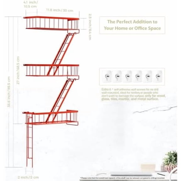 Fire Escape Wall Shelf Red - New York Wall Art Decorative Figure Display Floating Shelves Metal Racks for Living Room, Home Office Storage (3-Tier)