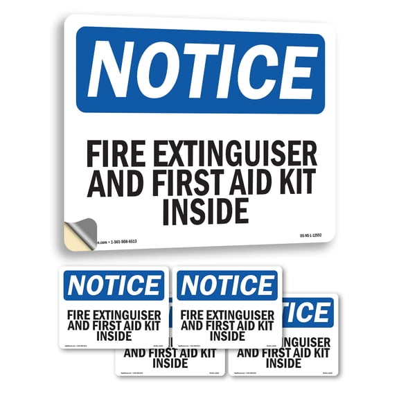 Fire Extinguisher And First Aid Kit Inside OSHA Notice Vinyl Decal Label 5 Inch x 3.5 Inch - 5 Pack