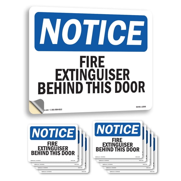 Fire Extinguisher Behind This Door OSHA Notice Vinyl Decal Label 18 Inch x 12 Inch - 10 Pack