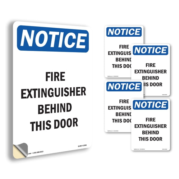 Fire Extinguisher Behind This Door OSHA Notice Vinyl Decal Label 5 Inch x 3.5 Inch - 5 Pack
