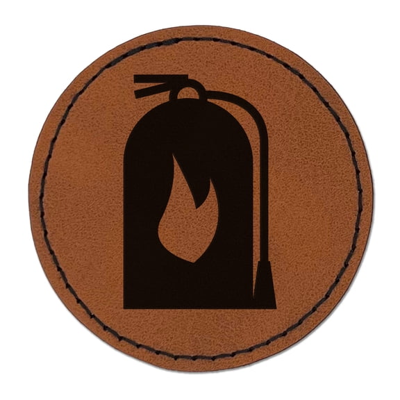 Fire Extinguisher Fireman Firefighter 2.5" Faux Leather Round Engraved Iron-On Patch - Brown