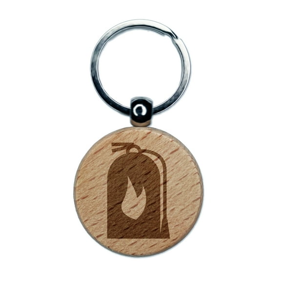 Fire Extinguisher Fireman Firefighter Round Keychain Charm Tag - Engraved Wood