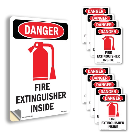 Fire Extinguisher Inside OSHA Danger Vinyl Decal Label 14 Inch x 10 Inch - 10 Pack