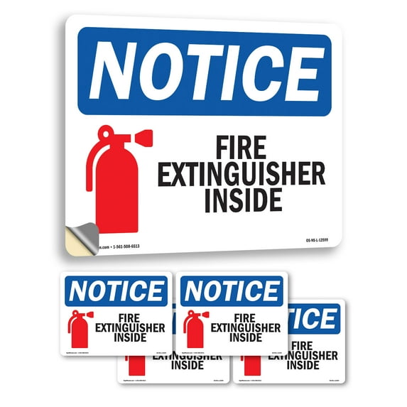 Fire Extinguisher Inside With Symbol OSHA Notice Vinyl Decal Label 7 Inch x 5 Inch - 5 Pack