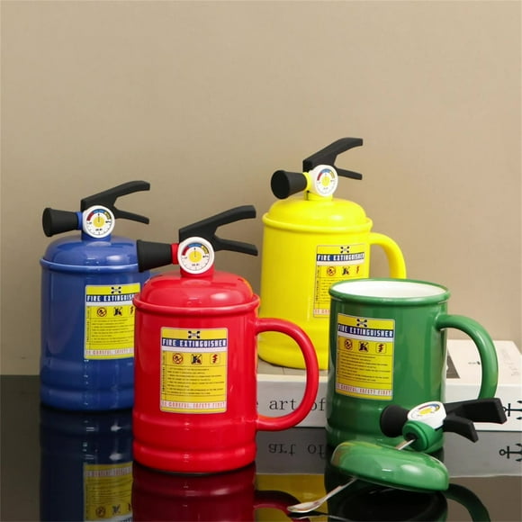Fire Extinguisher Style Coffee Mug with Lid and Spoon, Funny Ceramic Design, Unique Firefighter Theme Gift for Home and Office