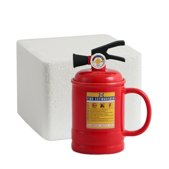 Fire Extinguisher Style Coffee Mug with Lid and Spoon, Funny Ceramic Design, Unique Firefighter Theme Gift for Home and Office
