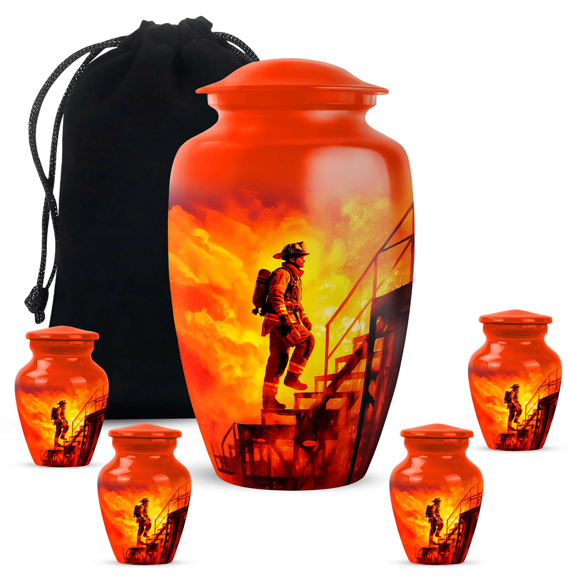 Fire Fighter Cremation Urn For Adult Women, 1 Large & Small Keepsake Urn For Human Ashes Set Of 4, Human Urns For Ashes Adult Female, Burial Urns For Cremated Remains, 10&3 Inch