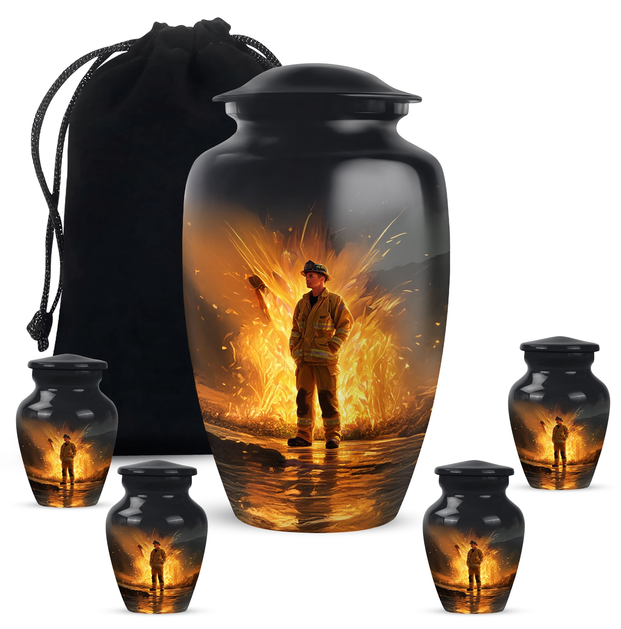 Fire Fighter Cremation Urn For Ashes Women And Man, 1 Large & Small Keepsake Urns For Human Ashes For Mom Set 4, Crematory Urns For Adults Humans, Funeral Urn For Male And Female