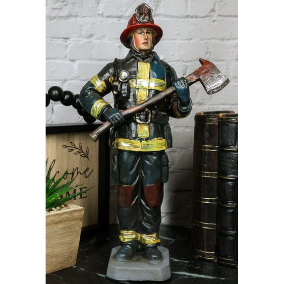 Fire Fighter Fireman In Bunker Gear Suit And Air Tank Holding an Axe Figurine