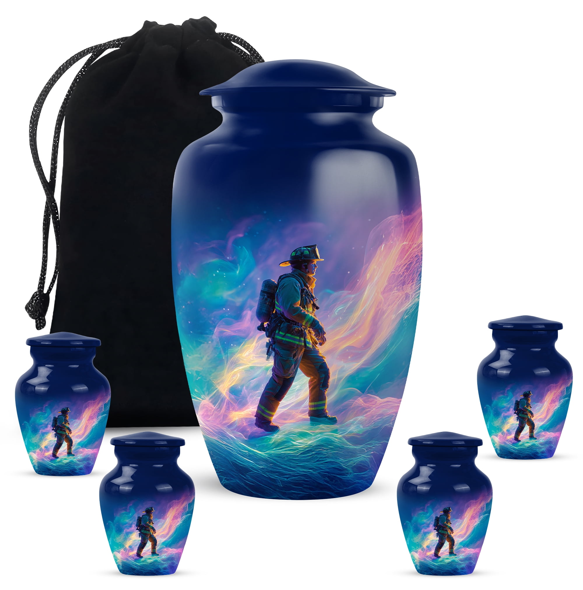 Fire Fighter Urn For Human Ashes Adult Female, 1 Large & 4 Keepsake Small Cremation Urns For Human Ashes, Funeral Urns For Adult Man And Women, Blue Urn For Mother And Father, 10&3 Inch
