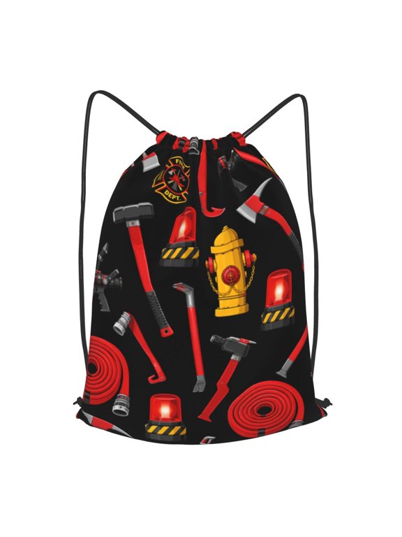 Fire Firefighting Items Pattern Drawstring Backpack Gym String Bag Sports Sackpack Cinch Sack, M