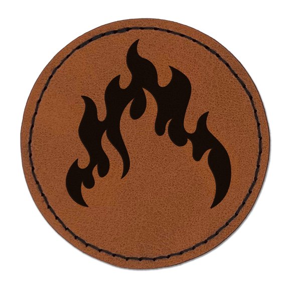 Fire Flame Burning 2.5" Faux Leather Round Engraved Iron-On Patch - Brown