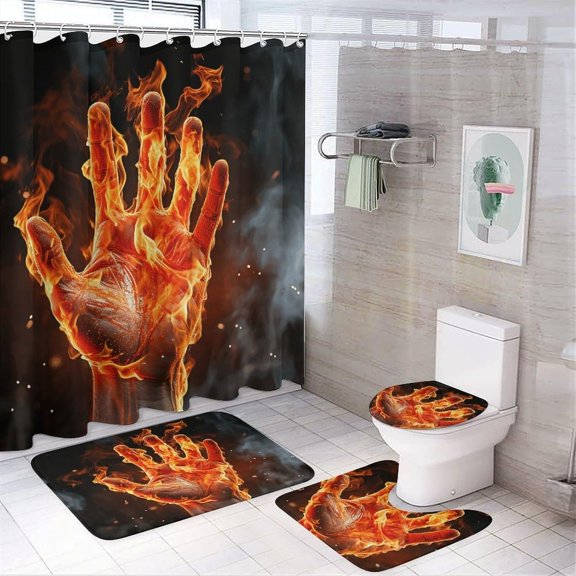 Fire Flame Hand 4Pcs Shower Curtain Set with Non-Slip Rugs, Toilet Lid Cover and Bath Mat,Bathroom Set Decor Accessories,Curtain Set with 12 Hooks, 72 X 72 Inch